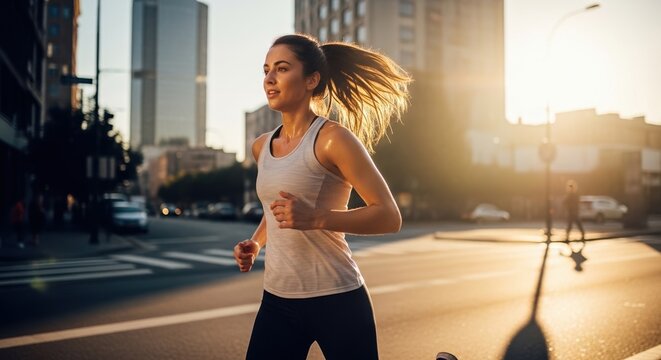A woman jogging down a city street during the golden hour of sunrise or sunset