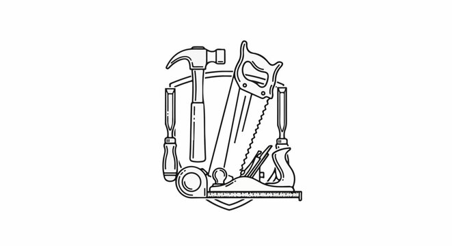 Vintage woodworker's tools emblem, including a hammer, saw, plane and chisels