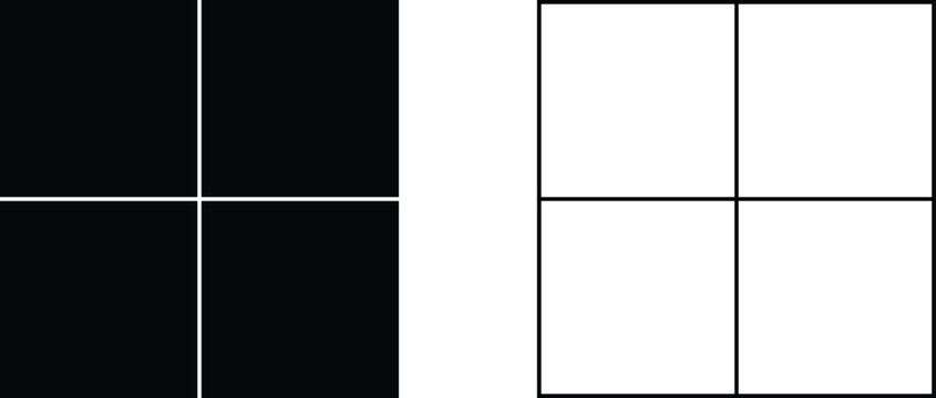 Minimalist black and white square grid icons with four quadrants for layout design, geometric patterns, and interface organizational symbols.