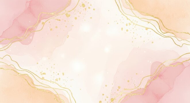 Elegant Abstract Watercolor Background with Golden Glitter Lines and Sparkles