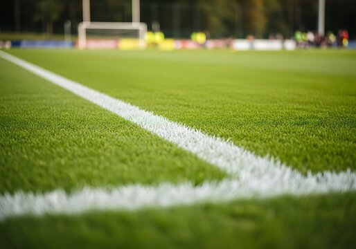 A green soccer field with white lines and a goal in the background