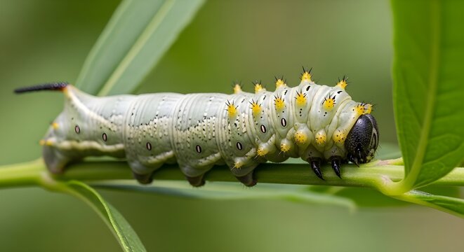 White fuzzy caterpillar with yellow spines on green leaf