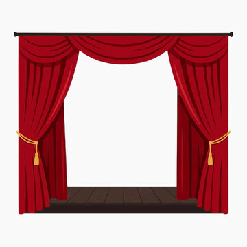 Empty stage and Red Curtains: Dramatic stage with rich red curtains, evoking anticipation and a sense of theatrical grandeur, waiting for the show to begin.