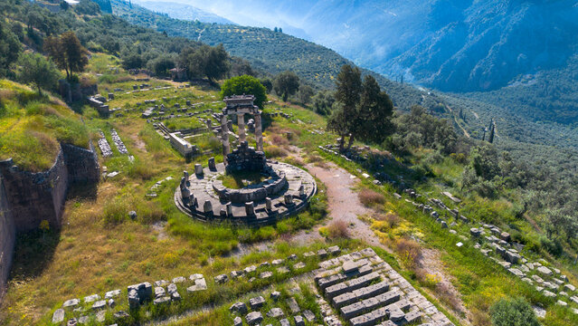 High angle view of the ancient Tholos of Delphi at the Sanctuary of Athena Pronaia, Greece