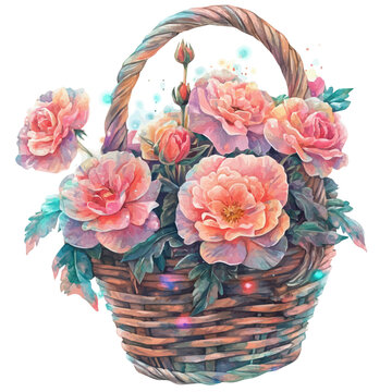 Begonia Basket, semi-realistic fantasy design, magical atmosphere, watercolor painterly illustration, white background