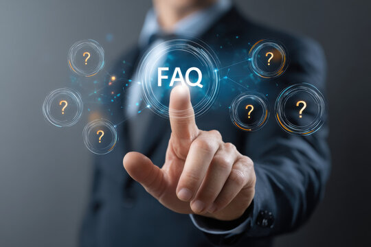 Businessman clicking faq button on digital platform with question marks