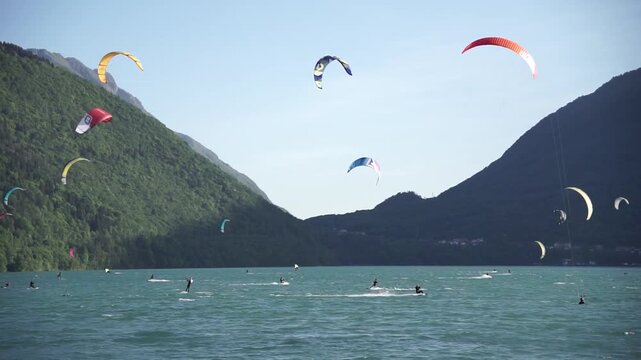 Dynamic Kite Surfing Action at Lago di Santa Croce Lake
