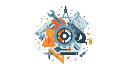 Fototapeta premium Technical Engineering and Architecture Tools Vector Illustration with Cogwheel, Wrench, Blueprint, Ruler, and Hard Hat Icons for Industrial Design Concept