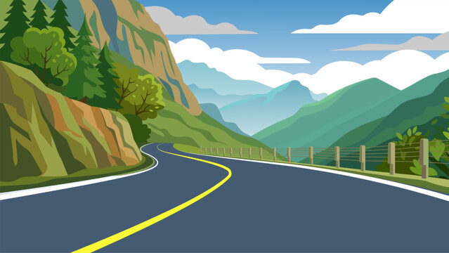 Flat vector illustration of a winding mountain road with green valleys, pine trees, and a clear blue sky background.