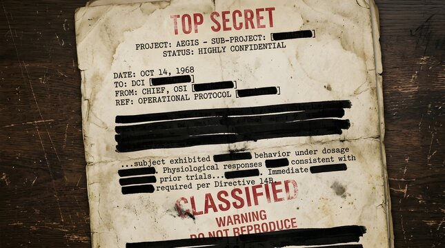 Declassified Top Secret Document with Redacted Text and Classified Warning on Aged Paper, Close-up View of Confidential Government File on Wooden Table