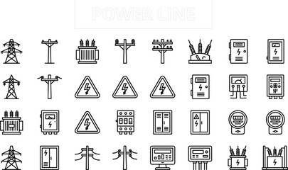Power line and electrical infrastructure icon set with transformers, poles, warning signs, meters, and energy distribution symbols in clean outline style © MstLinaAkter