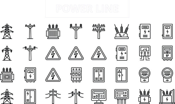 Power line and electrical infrastructure icon set with transformers, poles, warning signs, meters, and energy distribution symbols in clean outline style