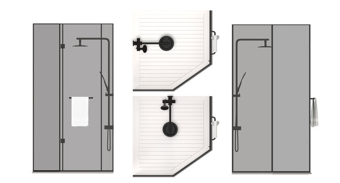 Modern Neo-Angle Corner Shower Cubicle with Matte Black Fixtures &ndash; Orthographic Top View and Front Elevation Architectural 3D Rendering