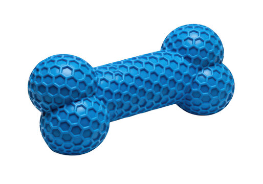 A bright blue textured toy shaped like a bone for pets