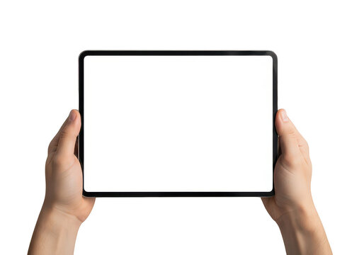 Hands holding a blank tablet device isolated on transparent background