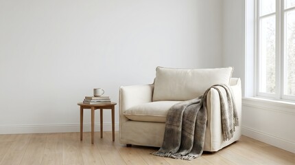 Naklejka premium Cozy cream armchair with textured throw and side table