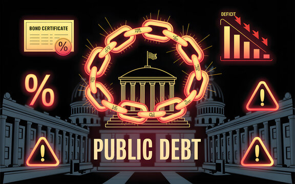 Public Debt: An illustrative scene depicting the intricate web of public debt, symbolized by a chain encircling a government building, with supporting elements like a bond certificate.