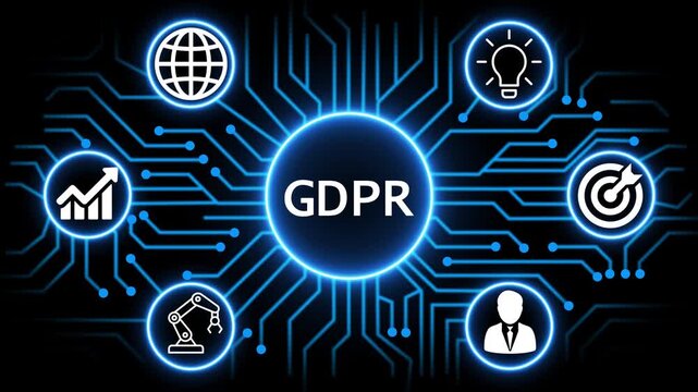 GDPR concept with circuit lines and digital symbols hovering above a businessman, technology. manufacturing process management all connected in a digital circle like pattern.