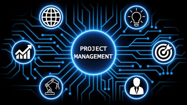 project management concept with circuit lines and digital symbols hovering above a businessman, technology. manufacturing process management all connected in a digital circle like pattern.