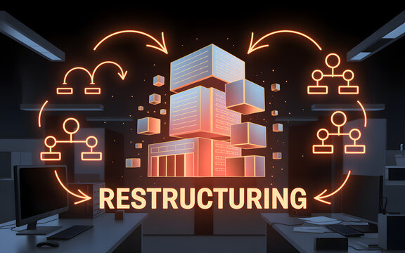 Corporate Restructuring: A dynamic visual representation of organizational transformation, with interconnected blocks symbolizing change and strategic realignment.