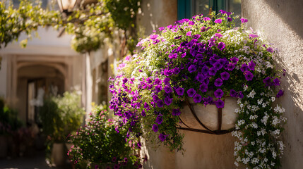 Fototapeta premium Lush hanging basket of purple and white petunia flowers in sunlit courtyard with soft background bokeh