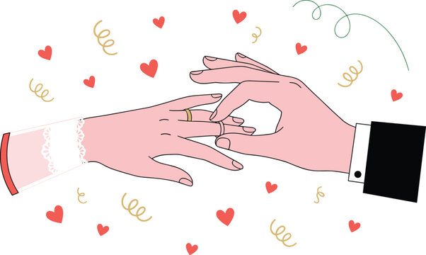Romantic Wedding Proposal Man Putting Engagement Ring on Woman Hand with Hearts and Confetti Vector Illustration