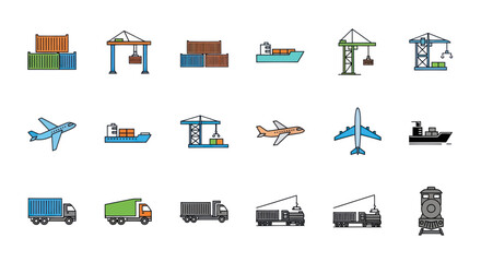Global Logistics Icons: Shipping, Cargo, Transport, Cranes, Aircraft, Trucks, Trains © hujan