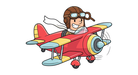 Happy cartoon pilot flying a red biplane with yellow and blue accents © hujan