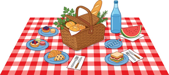 Fototapeta premium Outdoor Picnic Spread on Red Checkered Blanket with Basket Bread Croissant Watermelon Water Bottle Vector Illustration
