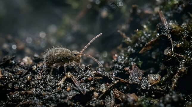 Extreme Macro of a Tiny Springtail on Damp Forest Soil