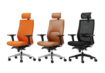Obraz premium Three modern office chairs in different colors arranged side by side