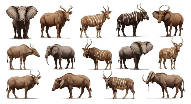 Collection of African Wildlife Animals on White Background.