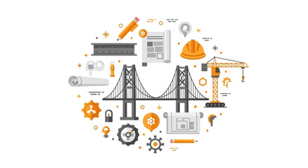 Fototapeta premium Engineering and Construction Concept with Bridge, Crane, Blueprints, and Industrial Icons Vector Illustration