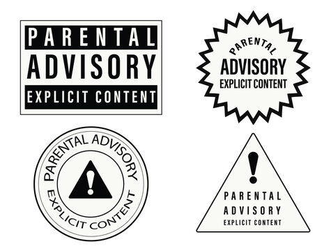 Black and white parental advisory explicit content label vector set with varied shapes