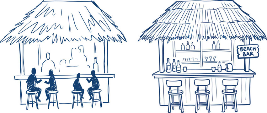 People sitting at a beach bar hut Vector