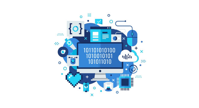 Software Development and Programming Concept Illustration with Computer Monitor, Binary Code, Cloud Computing, and Tech Icons on White Background