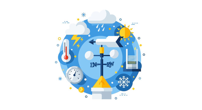 Comprehensive Weather Forecast and Meteorology Concept Flat Vector Illustration with Weather Vane, Thermometer, and Barometer