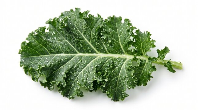 Organic green kale leaf with water drops, vibrant color, high detail texture, isolated on white background.