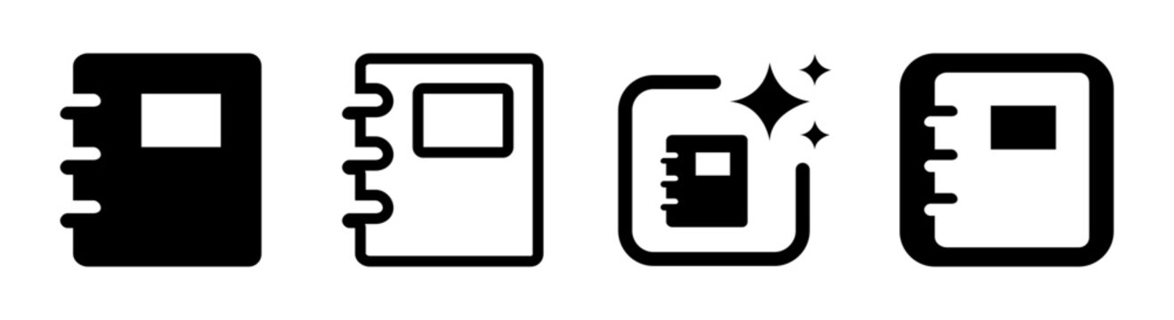 Minimal black notebook icon with tabbed pages isolated on light background for digital and print use