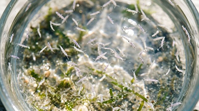 Macro Close-up of Small Aquatic Crustaceans in Glass Bowl