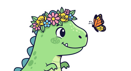 Fototapeta premium Cute Dinosaur with Flower Crown and Butterfly