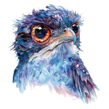 Potoo, fantasy-inspired semi-realistic illustration, soft glowing accents, watercolor style, isolated on white