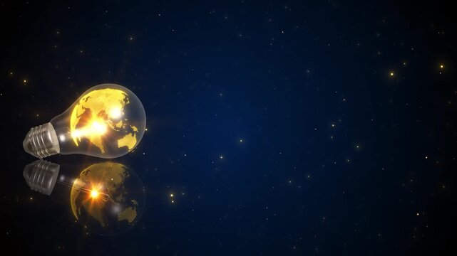 Light bulb world map background glowing golden earth, blue star space, reflective floor, creative innovation business videos, technology promos, energy ideas, education screens, and science overlays.