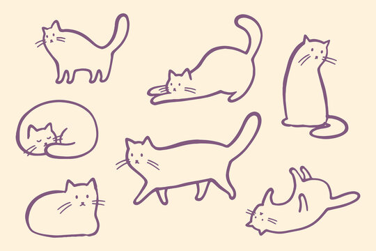 Cat poses set purple doodle pattern vector