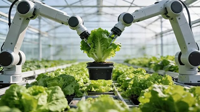 Robotic arms tending to lettuce in greenhouse