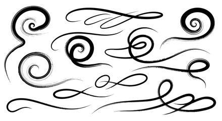 Fototapeta premium Set of Hand-Drawn Decorative Swirls, Scrolls, and Calligraphic Flourishes on an Isolated White Background