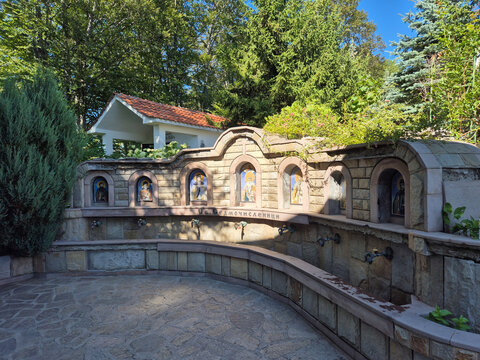 A water fountain adorned with icons of the Seven Saints, Krastova gora, rodopa montaine, Bulgaria