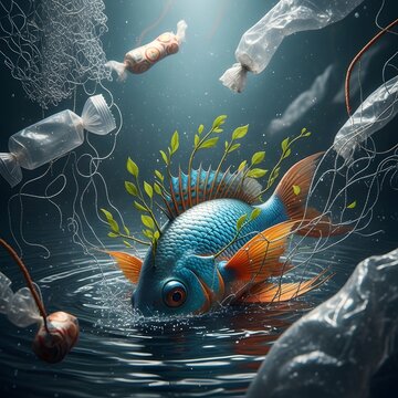 Fish entangled in plastic pollution underwater