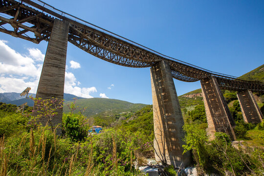 Low angle view of the historic Gorgopotamos railway bridge in central Greece
