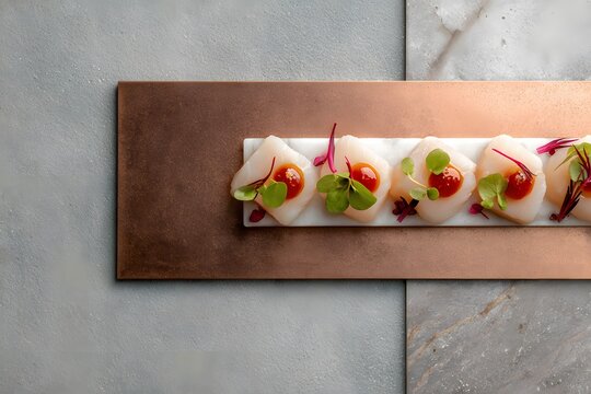 Minimalist top-view intersection of Hokkaido Hotate sashimi elements, bronze and slate, generative ai.